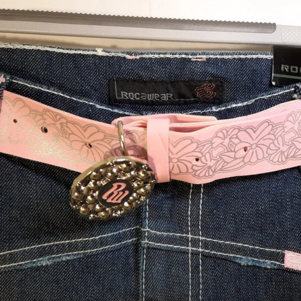 Y2K Rocawear Girl Jeans 4 Bootcut Belt Embroidery Rhinestone‎ Urban Distressed